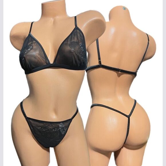 Victorias Secret Bling Rhinestone Heart Sexy sheer mesh bralette & V string L - Picture 7 of 8